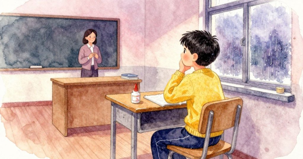 學生坐在桌邊、開著的膠水瓶旁成為焦點，視線轉向帶雨痕的窗戶，前方老師正在說話。紙上的濕筆觸此刻變淺，光澤縮小，邊緣浮出一圈淡淡的暈。空氣裡瀰漫甜甜的膠水氣味，窗玻璃傳來雨點輕敲聲，室溫清涼而安靜。