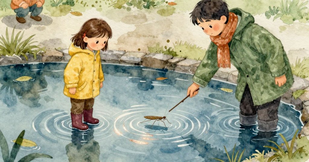 水黽在水面上輕盈停著是主體,周圍由邊緣一支細棒引出的圈圈漣漪向外擴散,幾片葉屑在水上漂著。水面呈現冷灰藍的亮點,靠近邊緣能看見鋪面與蹲坐的膝部輪廓。畫面安靜,表面張力讓昆蟲如在玻璃上停步,能感到微弱流動聲與清涼濕度。