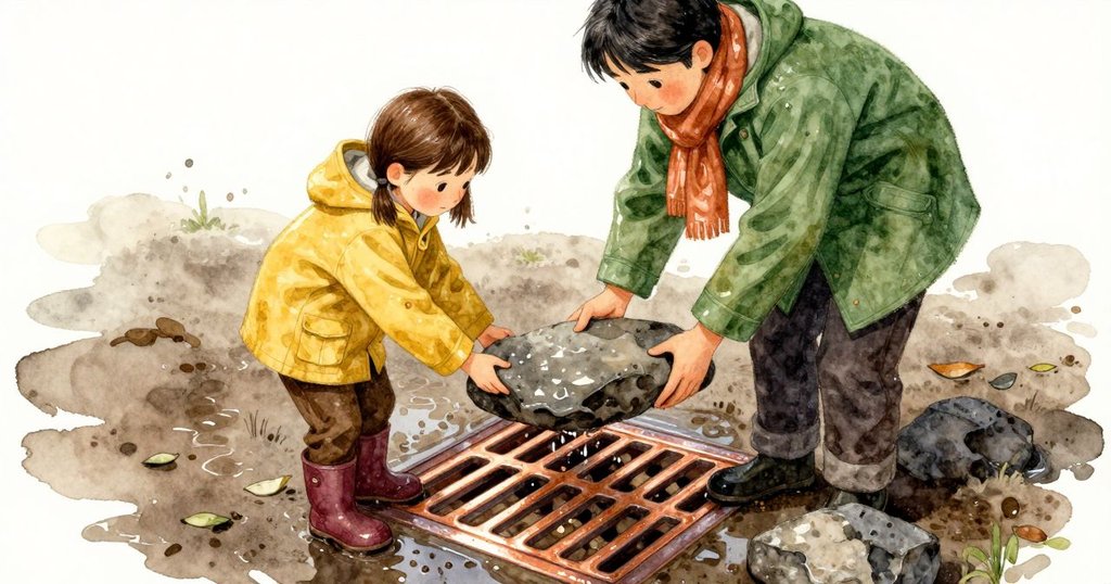 一塊扁平石頭被穩穩地懸在濕亮的金屬排水柵上是主體,另一隻手握著較小的鵝卵石待放。柵格的橫條反射出銅色光澤,四周是淺淺水邊與零散葉屑,遠處站著一位大人觀察。空氣仍潮,落石即將帶出清脆的「叮」聲,金屬表面觸感涼且滑。