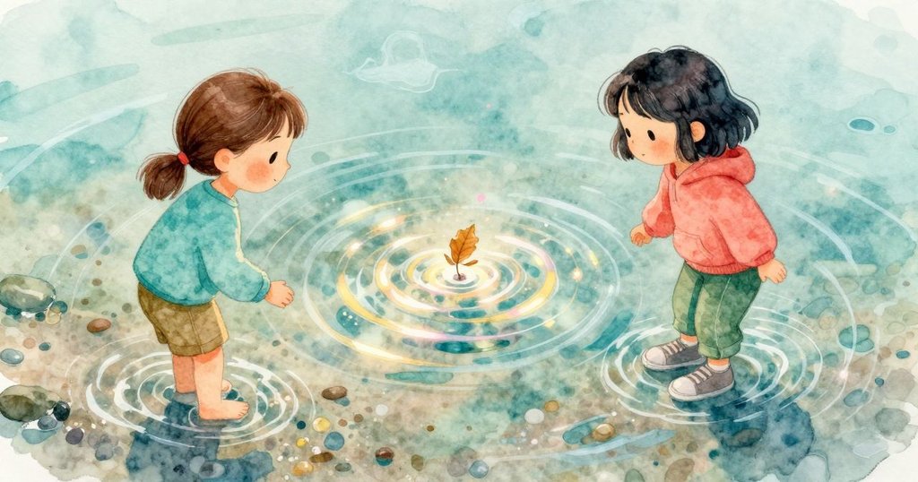 一朵小花漂在水面上，因棕色樹葉輕碰而旋轉，接觸點放射出一圈圈擴散的水紋。清澈的薄水下可見細小的卵石鋪底，水流輕緩地把圓環拉長。視覺焦點集中在旋轉的小花與葉片，四周逐漸柔和模糊。此刻水面亮點偏暖，周遭仍保有清涼感。耳邊只有極細的水聲，鼻端仍有濕土的厚實氣味。