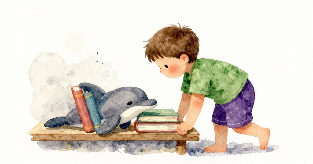 小孩在書架前微微前傾，目光專注在一隻絨布海豚的縫線魚鰭上；海豚靠著幾本整齊疊放的書。空氣裡的微塵緩緩飄浮，光點在兩者之間閃動。從走廊傳來清新的洗衣味，讓房間顯得乾淨寧靜。光線柔和偏銀白，整體節奏放慢。