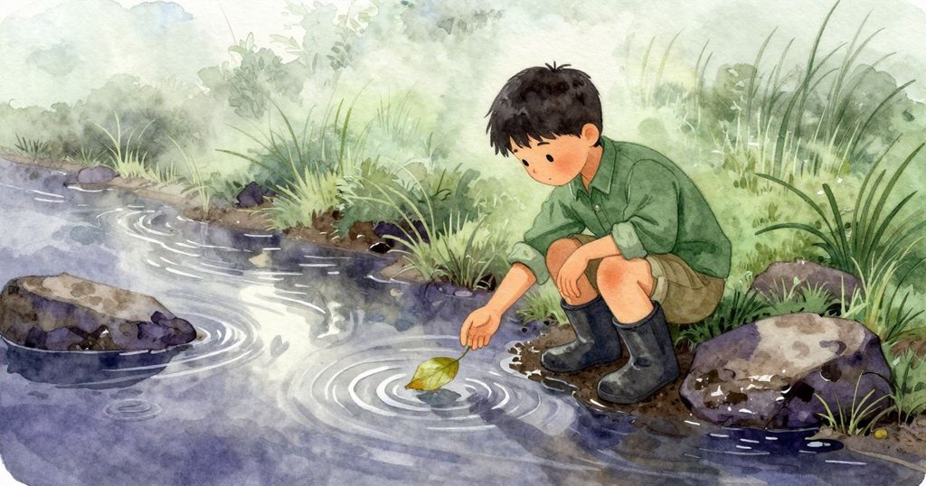 York在溪邊跪著凝視一片在水流中旋轉的葉子，成為畫面正中的焦點。左側可見他腳邊的扁平石頭，前景是被壓出痕跡的濕泥，後方有低矮的草叢與灌木沿著水邊排列。溪面映出冷銀色的反光，岸下拉出深紫色陰影。空氣帶著清晨的微涼與濕潤泥土的濃郁氣味，水面傳來細微的潺潺聲，泥土在膝蓋下看起來柔軟而略帶黏性。