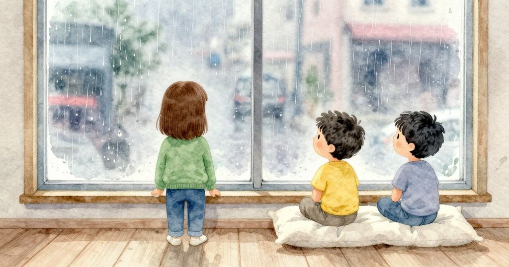 雨點布滿的窗玻璃正承接細小水珠往下匯流，這片玻璃是畫面的主角。左側是長長的靠窗坐墊，兩個小孩分坐兩端，身體朝向窗外，彼此保持距離。木質窗框與柔和的布面形成溫馨的室內感，窗外街景在雨霧中略為模糊。空氣帶著陰天的灰藍色調。雨聲清脆地「答答」作響，玻璃表面透出微涼，靠近窗邊隱約飄著淡淡的灰塵氣味，坐墊看起來柔軟而穩定。