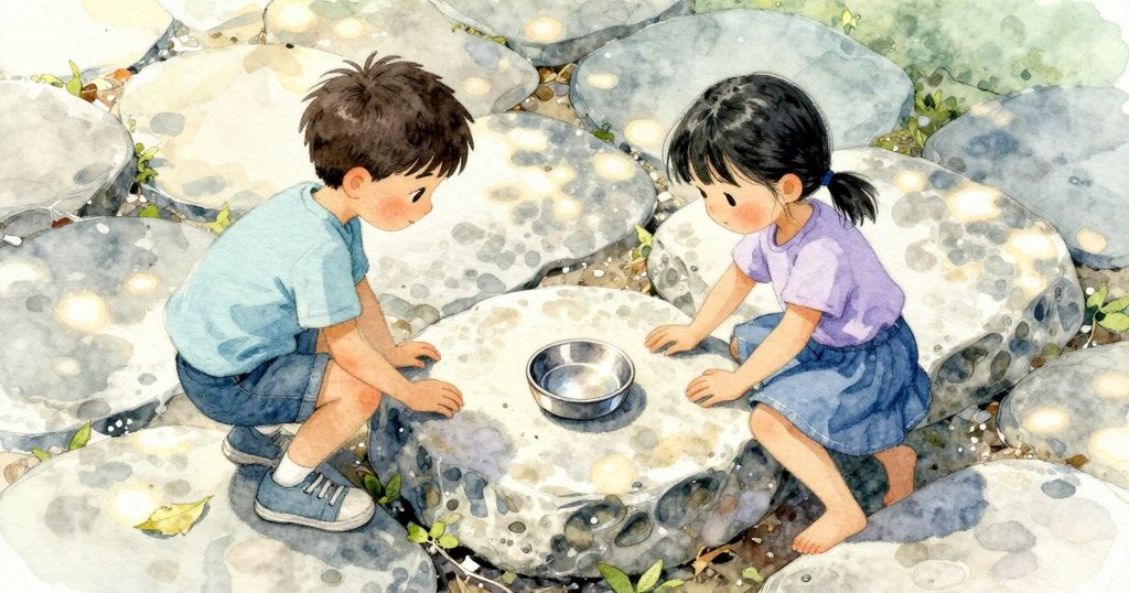 淺色的乾環在平滑的石面上清楚可見，成為畫面焦點；旁邊一只小金屬玩具平底鍋靠在膝邊，邊緣微微反光。石頭表面有深淺不一的潮濕痕跡與細小砂粒。陽光斑駁而柔和，但石面仍顯得偏涼，觸感想像上是細緻且略帶乾爽。空氣裡仍殘留著先前的濕土氣息。