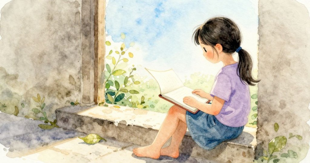 放在女孩腿上的素描本成為焦點，一頁紙從裝訂處緩緩掀起，邊緣被陽光輕輕描出明亮弧線。她坐在後院台階上，旁邊散落幾片葉子，遠處能見到一抹藍天與花園邊緣。紙張翻起的動作很輕，周圍空氣安定，石階觸感想像為微涼而平滑。