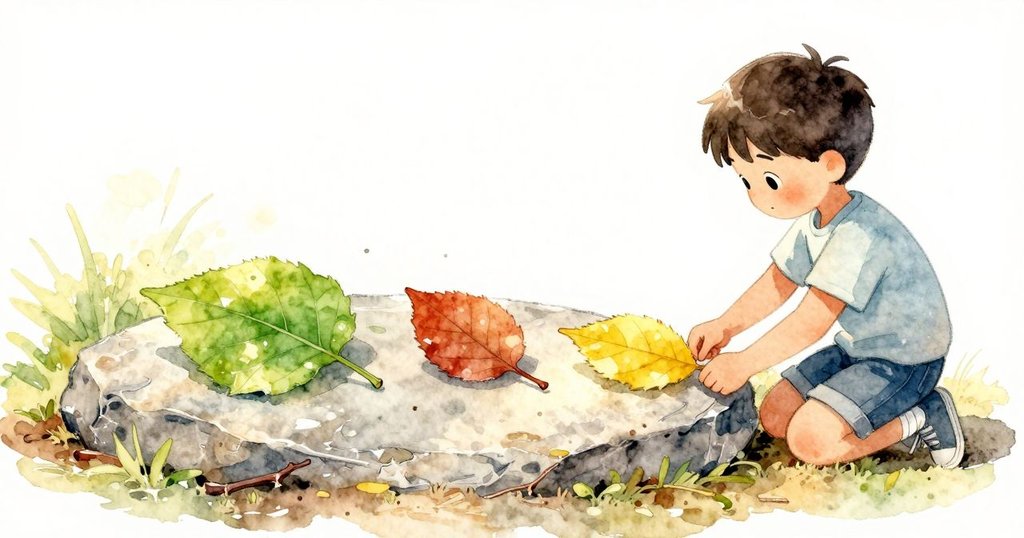 三片葉子整齊排在平坦石面上：左邊是寬大的綠葉，中間是紅棕色橢圓葉，右邊是邊緣略鋸齒的小黃葉。男孩在旁邊跪著，姿勢穩定，專注地完成擺放。陽光漸漸變暖，葉脈的紋理更清楚；石面上可見乾濕交界，觸感對比分明，整體仍帶著石頭的清涼。