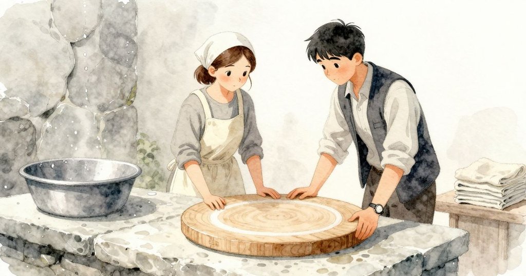 轉盤木板安穩地擺在淺色石面上,焦點是木板中央一圈閃著微光的濕痕。左側是不鏽鋼水盆的圓緣,背後是帶著薄薄水氣的石灰岩牆面,右側遠處疊著幾塊乾淨亞麻布。畫面留出大面積留白,讓濕圈更醒目。空氣帶著微涼與潮氣,石面似乎清冷滑膩;近盆沿處可想見細小水珠緩慢集合。整體氣氛安靜而專注,像剛開始工作的片刻停頓。