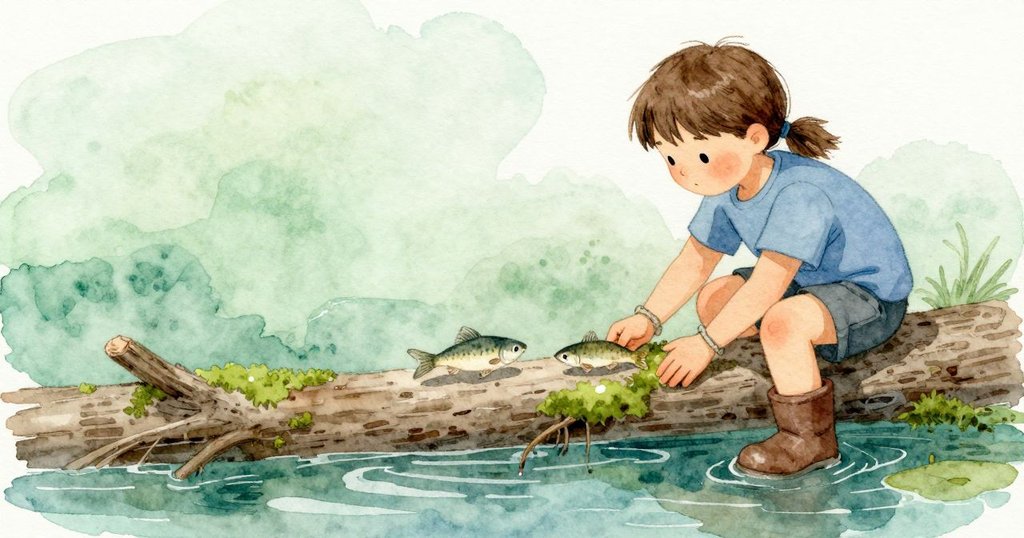 兩條小魚停在倒木投下的陰影裡,細細的尾巴輕輕擺動。旁邊一條長滿青苔的樹根伸進水中,一片薄薄的銀色鱗片貼在綠面上,像小小的月亮。我再低一點,讓身體不動,看水在根和樹皮旁微微顫。