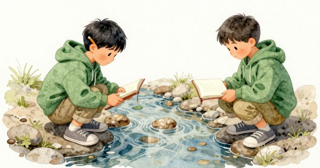 Birch在溪的對岸蹲著,打開的筆記本靠在膝旁,封面折過去,淡色的頁面接住一點光。淺水在我們之間繞過卵石,清清地流。我要站在這邊看過去,葉影在水上晃動,一切帶著溪邊的清涼。