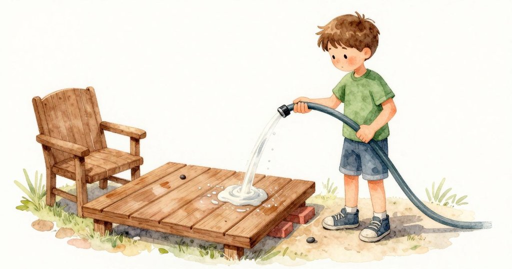 我把水管折住讓水勢變慢，把管端抬高在木板上方。水少了，淡糊仍沿著小切口緩緩前進，聚成一滴又落下。磚下有一道細水線繞著一顆小卵石滑行，輕觸圓邊再溜走。院子安靜下來，濕木面在柔和的暮光裡發著涼涼的光。