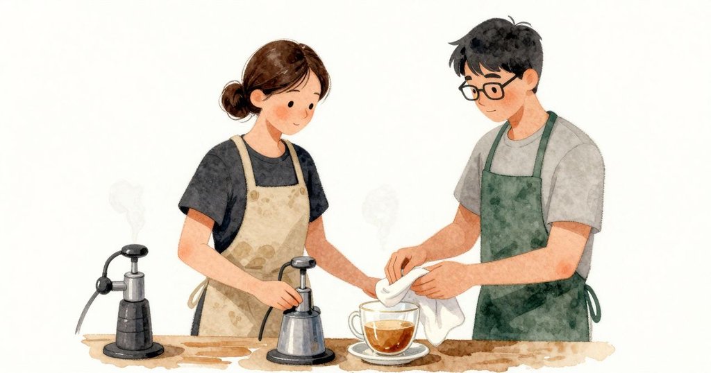 我把杯子放回，拿乾淨的毛巾沿著杯緣一點一點按乾；手肘碰到冰涼的不鏽鋼，紙巾輕觸泵嘴，細細一縷深色糖漿一閃即止；泵浦保持兩拍的輕響，蒸氣帶著烘甜的氣味貼著溫暖的檯面與霧玻璃。