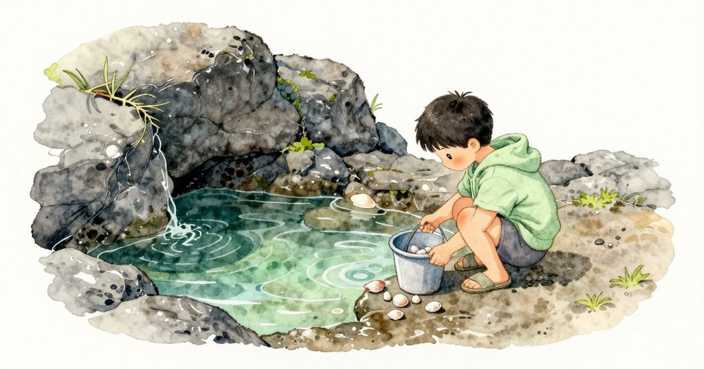 岩石之間的潮池清涼而靜,孩子蹲在池邊拿著小桶;桶一傾,幾枚貝殼滑到濕石上,發出細細的碰聲,淡綠的水面依然平靜。