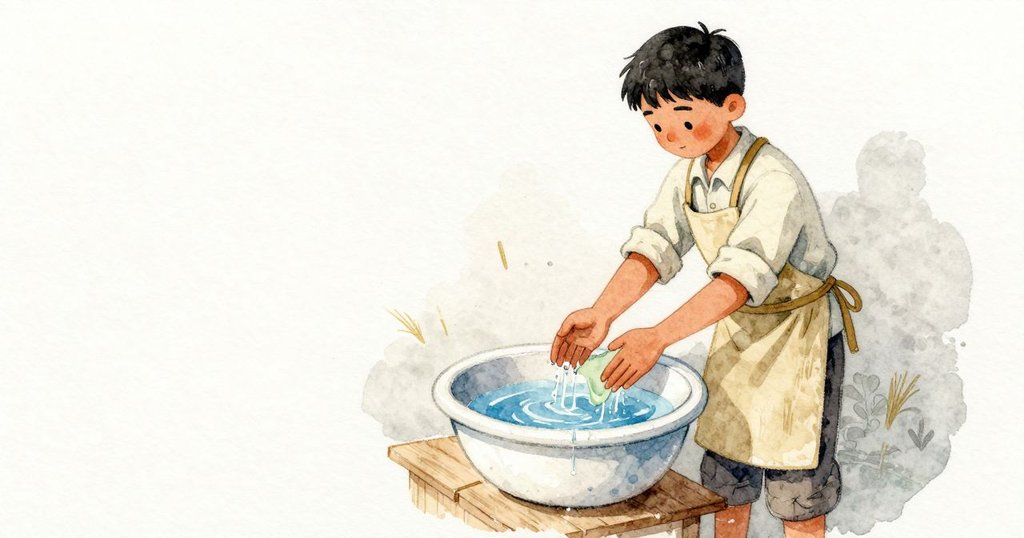 Rafe在水槽邊沖洗雙手，清涼的水把葉香帶走，他順手在圍裙上擦過濕痕；上層托盤像在快快喝風，空氣裡有乾草與暖竹的甜。