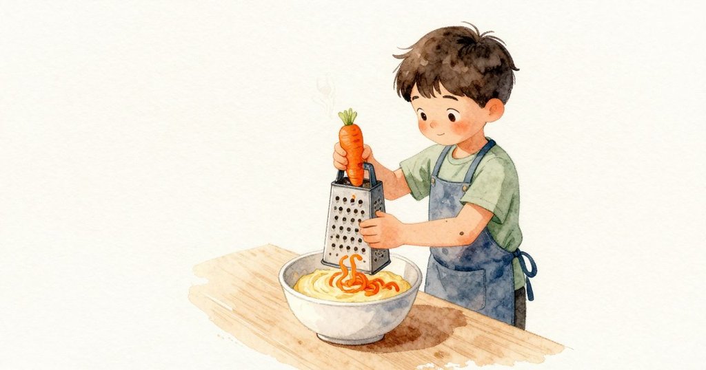 Zeke 面向碗把胡蘿蔔在刨絲器上輕刨,細碎的橘色落在麵糊上。他伸手握住把手開始攪拌,麵糊緩緩翻動,橘色碎絲在其中旋繞,烤箱送來的暖氣輕拂他的手臂。