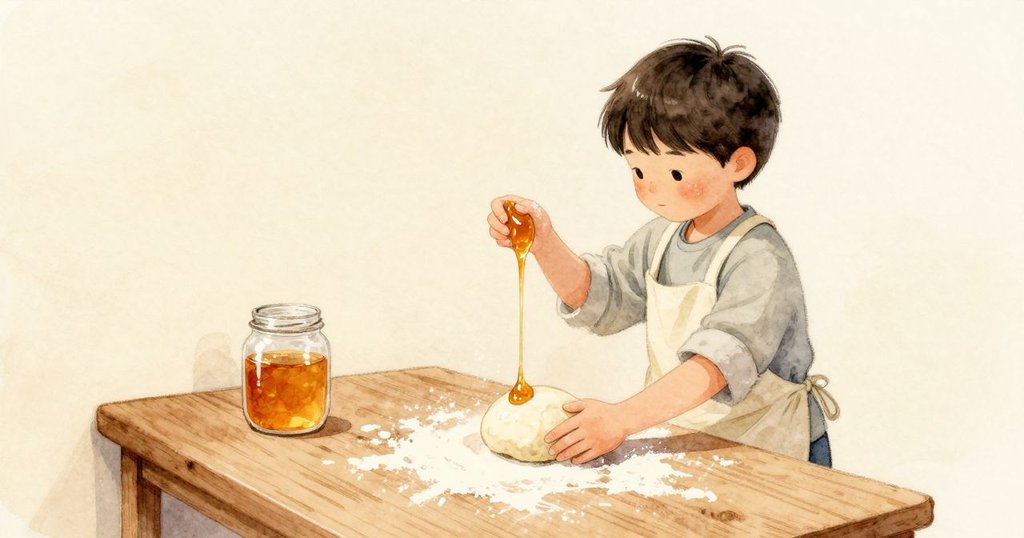 Jude按過的麵糰繩慢慢回彈,圓麵糰上的拇指痕也緩緩抬起恢復平滑;他轉向牆邊的蜂蜜罐,拉起一縷黏稠的金色細線,沿著罐口輕擦。
