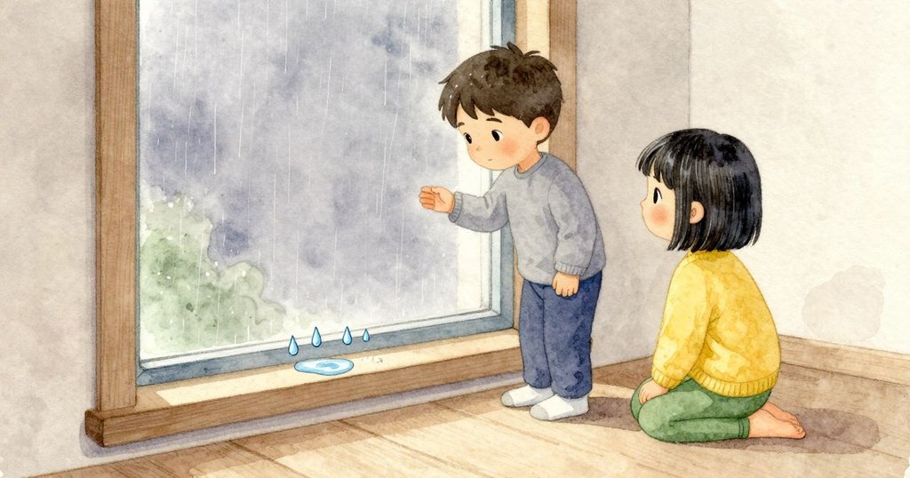 水滴匯到窗角慢慢停住，Keane站在窗檯邊看著；Viola安靜地待在窗框旁。室內只留著柔和的雨聲，窗邊散著舊漆與橡膠交雜的氣味，灰日光均勻而清冷。
