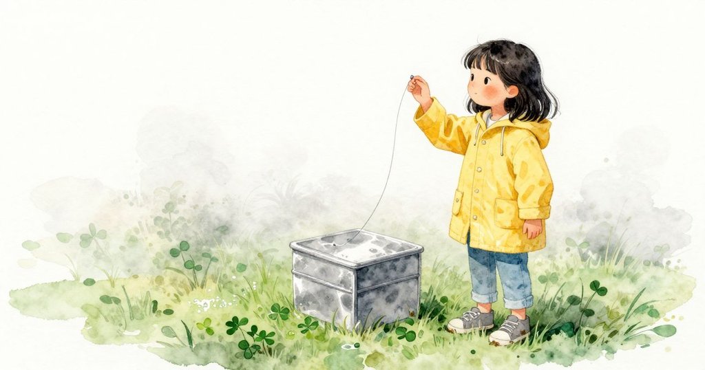 Orla把手指從鐵絲下方輕刷過,收回時一條清亮的水線從指尖拉到手腕又斷開。她抬起濕指,細小的水珠滑到拇指甲邊。鞋旁被踩扁的酢漿草泛著薄薄濕光,霧在腳踝更厚,青草味更利。