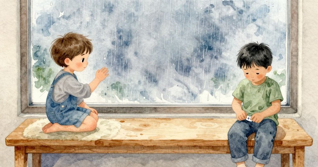 雨點在玻璃上輕敲，我跪在座位上，膝蓋壓住軟墊，突起的車縫磨著皮膚；木邊留著一圈淡痕；Max 坐在另一端，用手按著一張貼紙準備掀起；整個窗邊被雨聲壓低成灰藍色的亮度。