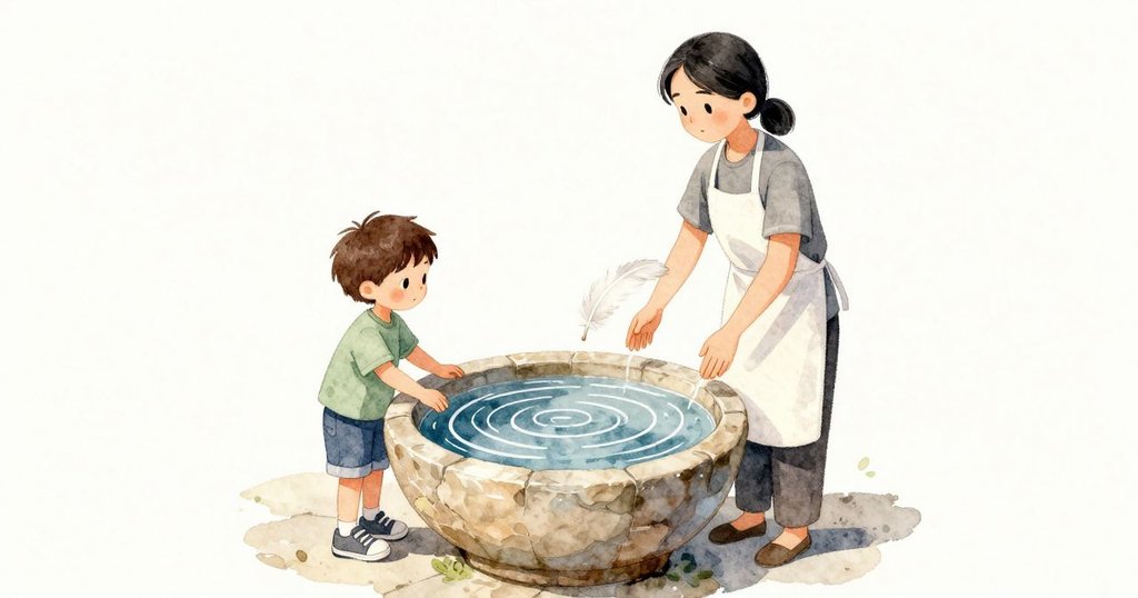 石碗裡的水一圈圈漾開再靠回邊緣，一片淡白的羽毛落在我的袖子上，陽光在細絲上亮了一下。我不動，讓水的慢慢動靜自己顯出來。