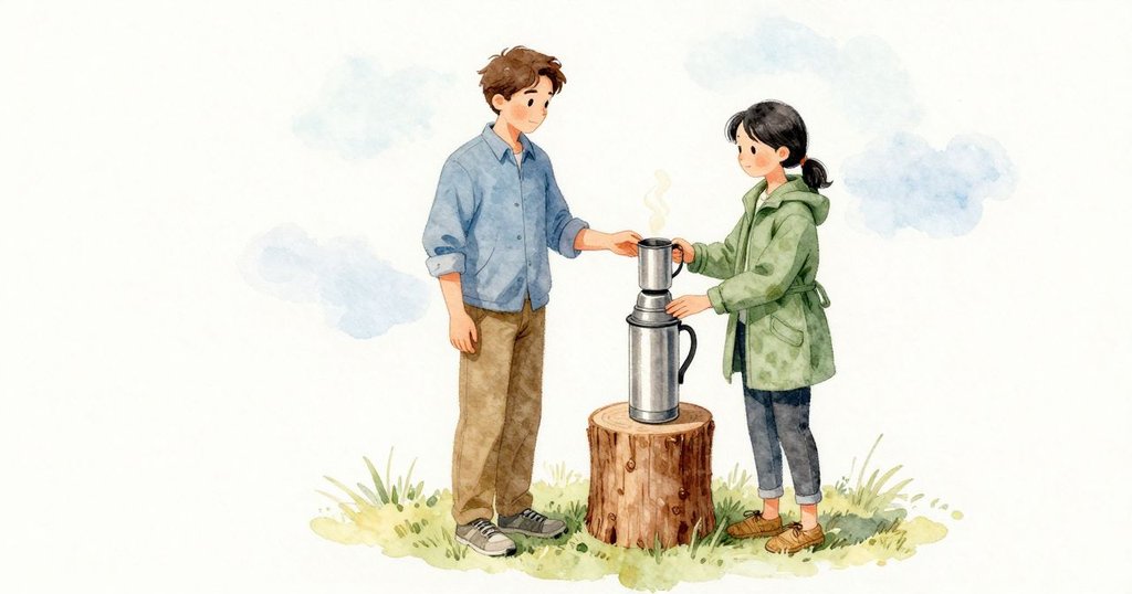 Adele在籃中小木材旁穩住一只銀色保溫壺，旋開壺蓋外套成杯的部件。她的手腕保持杯口筆直，籃子緩緩飄移時，Trent伸手過來，兩人的手指同時碰到把手，隨即自然分開。