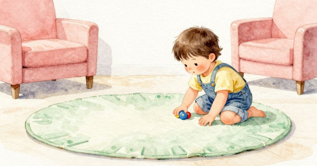 陀螺轉得慢下來，在墊子上微微打圈晃動。Poppy不伸手，只看著它，手靜靜地放著。柔和的日光在玩具下留下一圈安靜的陰影，聲音被軟墊吸住，變得小小的、圓圓的。