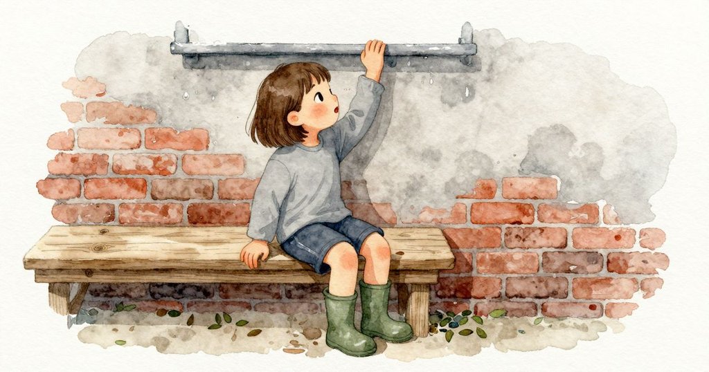 潮濕、帶土味的氣味往上浮。Idelle 坐在乾的木階上，背靠粗糙的紅磚牆，階面上有一道淡棕色的抹痕，牆邊堆著細小的葉片。她嘴微張，目光盯著屋簷邊，在陰天的柔光下不動。
