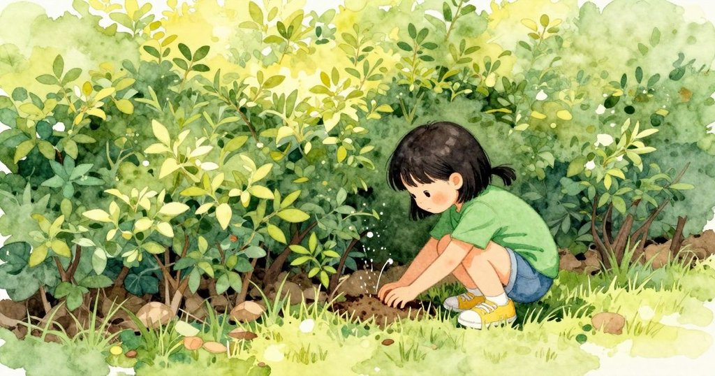 割過的草味刺鼻，Oona 蹲在樹籬邊，把手臂伸進陰暗的縫裡摸索，葉子在她上方沙沙作響，陽光從綠影間灑下。