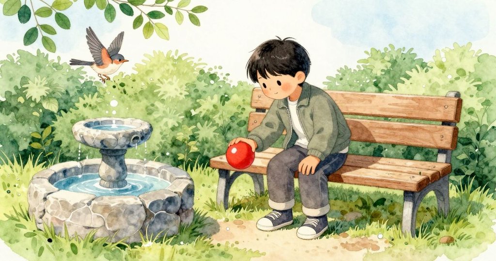 Paul彎身把紅球撿起來，旁邊小噴泉的水滴輕敲石面；一隻小鳥穿過樹籬的縫隙飛出去，陽光讓木椅與草地顯得明亮。
