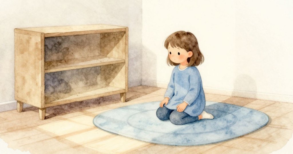 剛壓過的濕暗圓印留在藍色遊戲墊上，位置在矮架旁邊，Thea 仍跪著，重量輕輕落在柔軟的織紋上。清晨的光斜斜跨過地面，掠過墊邊，空氣裡有淡淡木香。架子的邊緣積著細微灰塵，房間安靜而溫暖。