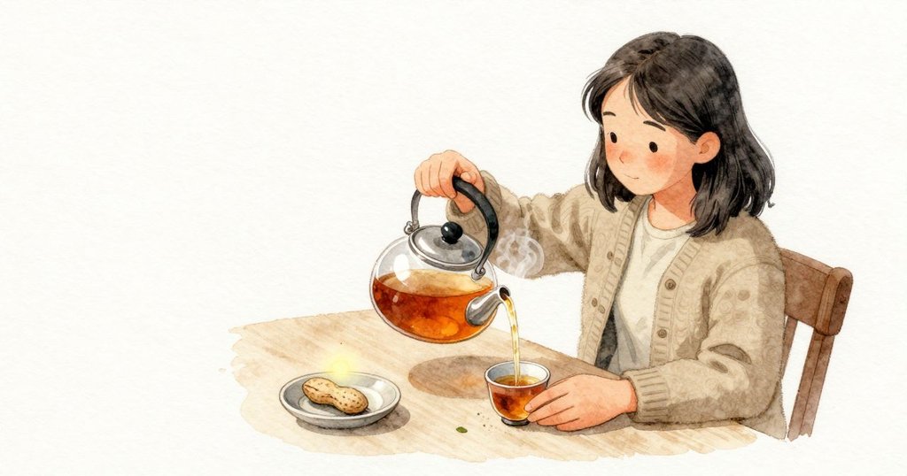 Olwen傾起水壺,水流撫過茶葉,壺身先霧再透成琥珀色;她把壺蓋轉到缺口貼住壺嘴,蒸氣又收回泥壺裡。她把一只小杯放到桌面較涼的地方;旁邊淺碟裡的玻璃珠留著一點暖光,裂開的花生殼輕輕坐著,縫裡藏著細細的灰。