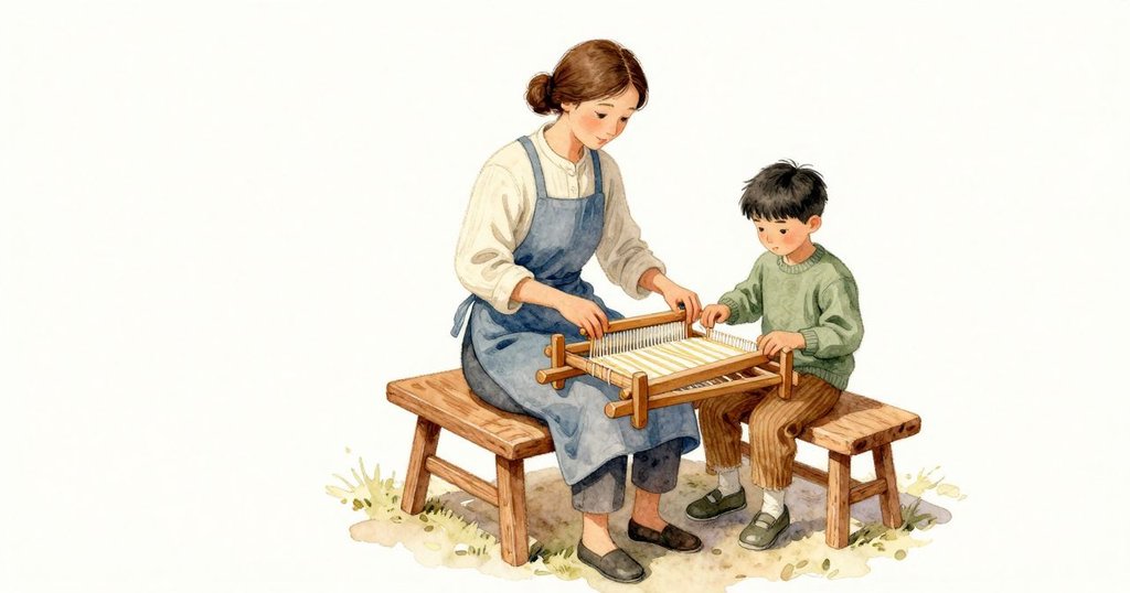 Darla 坐上長凳，腳尖自然踩在踏板上，手心托著木梭；她抬起打緯器，開出乾淨的梭口，木梭在經線間滑過，遠端輕點端樁，地板在腳跟下回以微弱的脈動。