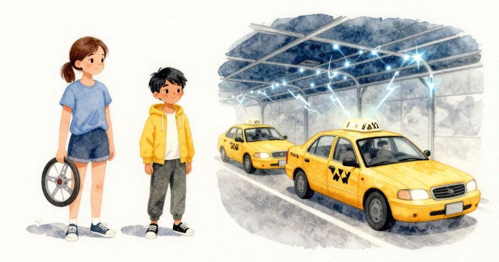 頭頂電網跳出藍白火花,低音鼓點方正地震動地板。Sylvie 的手握緊高而滑的方向盤,節奏從鞋底一路傳上小腿與手臂;對面,亮黃的車殼在光下發亮,Xavi 側身坐進座位。
