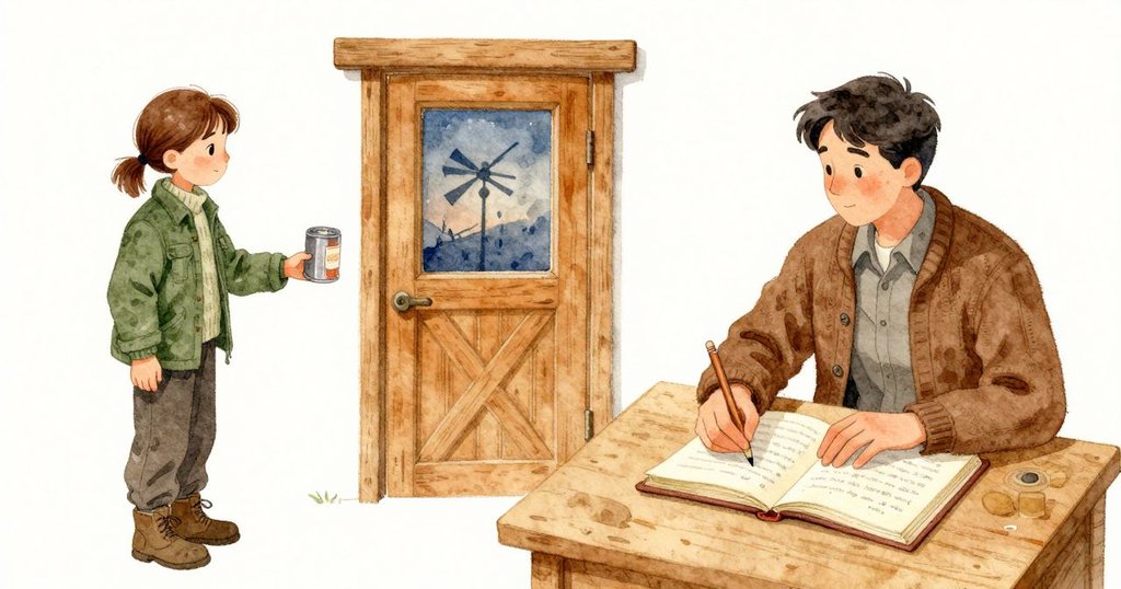 Felix的聲音從雪松木小屋裡傳來,我把量筒依舊停在雨量筒上方,外頭計數器慢慢滴答。走進屋內,暖意沿著前臂升起;紙裹圓鼓穩穩轉著,無液氣壓計的指針比清晨前進一小格。我俯身在記錄本上用鉛筆落下新的一列刻畫。