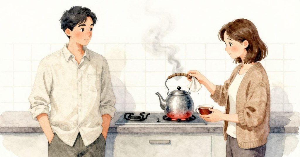 茶湯在邊緣下方維持不破的細語聲，包布的湯勺靠著鍋沿固定滴落的距離；外頭剎車的一抹紅光在鋼鍋的弧腹掠過又消失，茶漬年份成環緊向近牆的方向，湯面上方一掌高的空氣較稠，再往上便回到尋常廚房的距離感。
