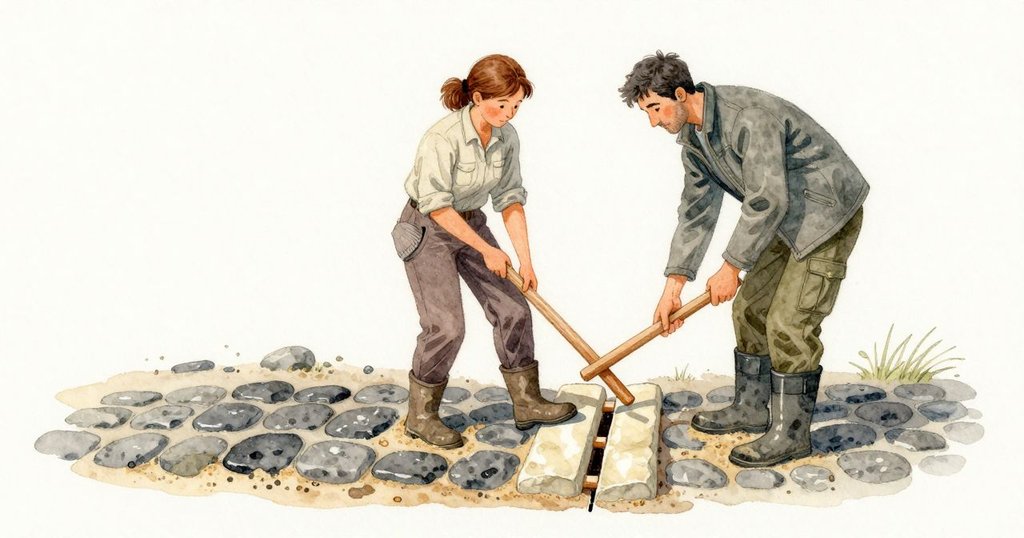 June在缺口上方靜住氣息,將淡色石塊先取出立在長邊上;她用短撬棒把右邊鄰石微微抬起,再把木楔塞進縫裡固定,接著拔出薄貝殼墊片,沙面留下亮亮的濕痕;Kent低聲報時,蠣鴴沿著鑲嵌般的地面小跑遠去。