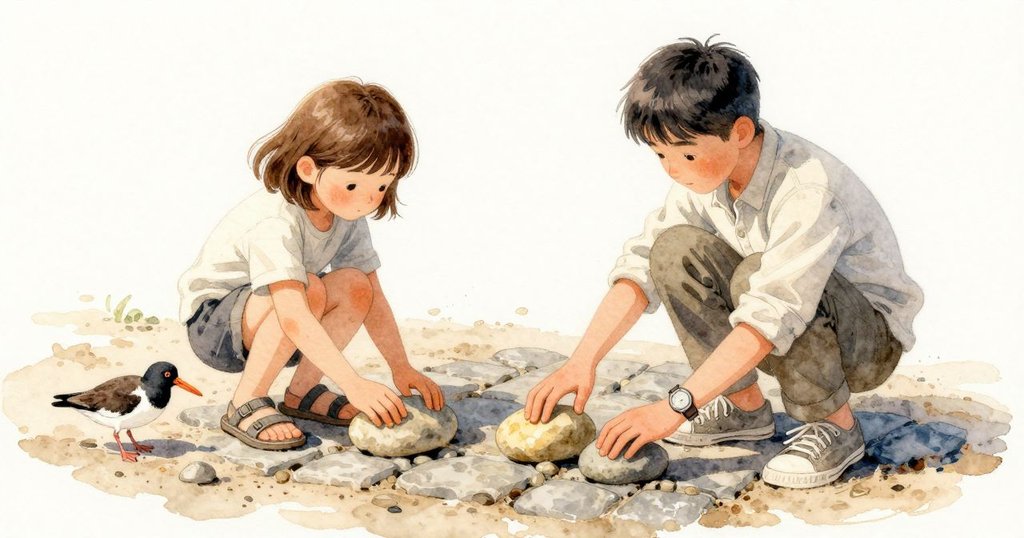 Oren抬起手腕讓光照在錶面,聲音輕落在水的寧靜裡。Juno摸了已坐穩的石頭,又把一塊小石放回備堆留給下次,將防水布折在膝下,兩塊淺色石頭攤在日光裡取暖。蠣鴴繞過漸乾的沙面回到細流。她在圈內側再次下蹲,把手掌放在被太陽烘暖的石上。