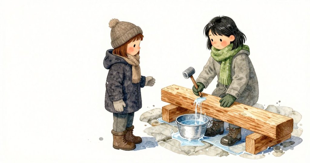 細薄的新月形冰片輕輕離身又落下，Jude 手腕只覺一瞬的重量，木槌在前臂裡沉穩地拉著，被抬起又慢慢落下直至木對木。融水沿木台邊緣劃出細溝滴到下面，錫盆斜靠在台腳旁，只接住零碎的水花。
