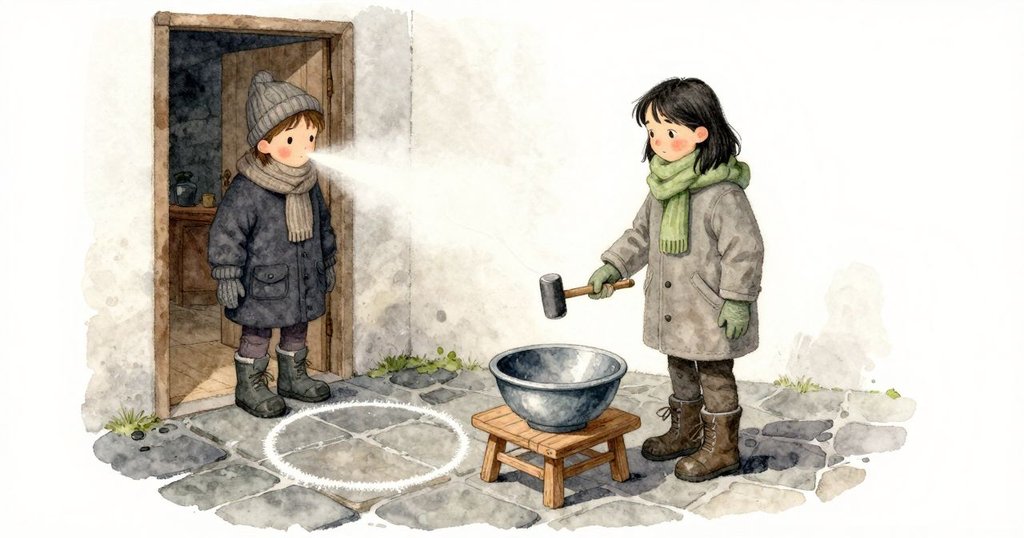 木槌安靜地歇著，Jude 退回框住一切的門口，一縷淡白的呼氣拉長。先前注視的石板上有一道粉筆圈，粗糙地在暗石上留痕，旁邊的錫盆靠著木台腿邊等著。手套觸到那圈，冰涼的砂感貼在針織上，細束的光掠過圓圈不停下，往牆面滑去。