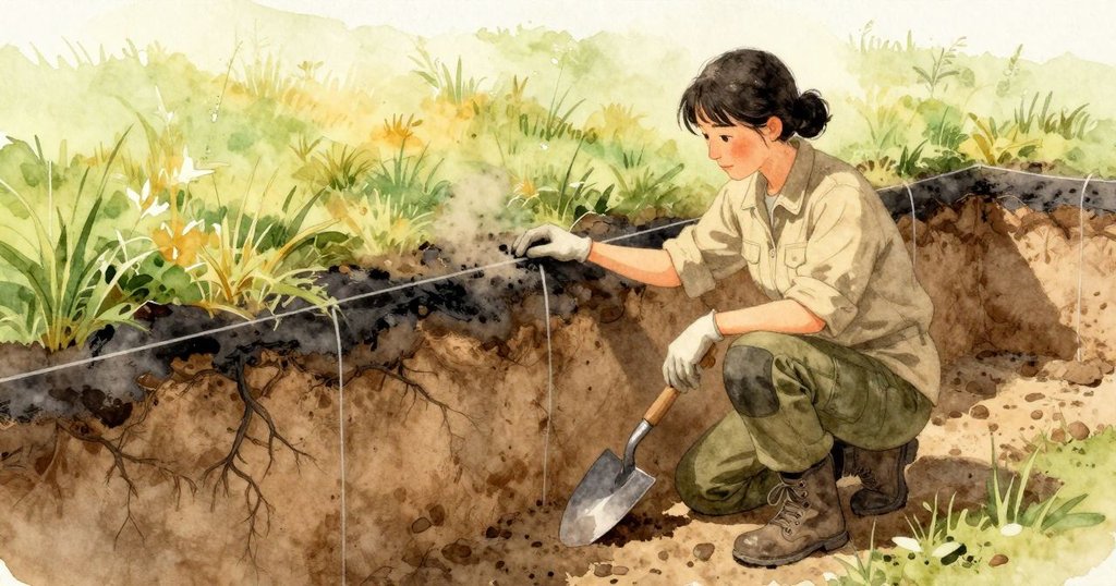 我把眼睛停在Hedy穩住的鏟尖上，黑炭縫沿著土牆延開；上層細根暗褐，下層緊實淡土在斜陽裡泛著靜靜的青銅色。她跪在方格內，拉緊的線投下細影，刷子拂起一層灰又輕落到線上；膠帶外的草地明亮發光，而壕溝裡保持著涼意與安靜。