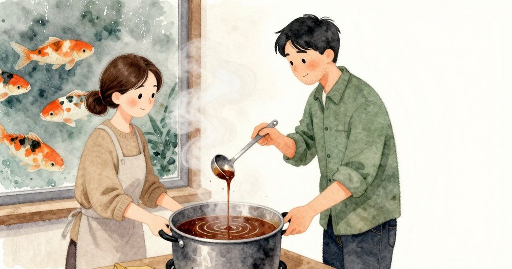 杓子凹口上的厚棕色滴珠抖了抖，輕聲滑回咖啡色的微滾湯面；熱氣撲上臉，窗玻璃起霧，外頭的鯉魚壁畫在霧氣裡搖曳，橘與青綠被蒸氣揉彎。