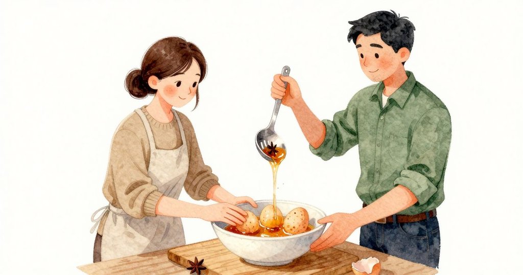 砧板上的橢圓碗盛著三顆溫熱、斑駁發亮的蛋；Dana 用掌心壓平滾動最近的一顆，木紋敲出輕快節拍。蛋殼劃出一條長長的弧裂後，她鬆手讓它在尖端輕晃；Ben 提起漏勺，棕色湯液帶著細小香料，八角碰 rim 又旋回。