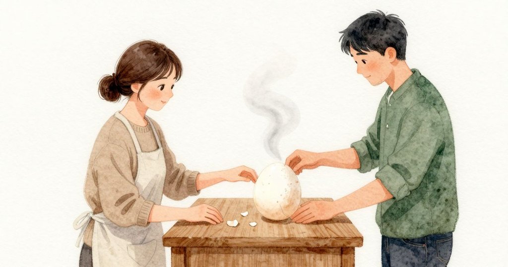 Dana 輕壓掌心換了角度，濕滑的蛋殼側滑，只回以一簇短促的喀喀聲；她沿著裂紋一捏，一片薄殼翹起，底下淡得像粉筆的細脈又拐回空白。爐火低聲，等熱度散去時肩膀也慢慢鬆下。
