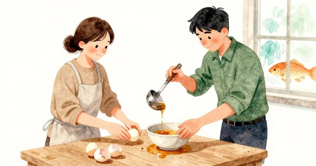 杓口一滴更厚的湯汁點在砧板上，把木紋抹得溼亮；Dana 把蛋挪到乾角，用指尖環著鈍端輕輕繞圈敲，殼以細密的微裂低聲回應。Ben 把碗傾近，窗邊蒸氣變薄，壁畫裡的鯉魚局部更清晰。
