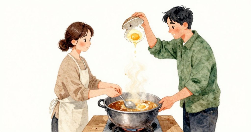 Dana 只剝開蛋殼頂端湊近聞，香料在蛋白裡更鮮明，茶色紋理密到看不見蛋黃；她把蛋擱回鍋邊，橢圓的影子相貼。杓子還在滴落，香料荚悠緩漂移，熱度穩穩滲進殼下的一切。