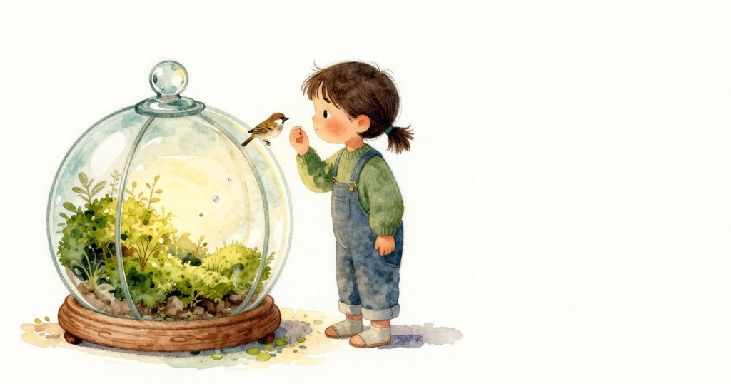 麻雀在耀光裡停住一拍便躍向窗外更亮的方框。我把罐子以同樣的小幅度更慢地傾回去,一顆水珠聚起身形、滑行、停住,最後落下,輕輕點在苔上。細小而肯定的一聲留在寧靜裡,溫暖的日光鋪過玻璃的弧面與木架,使裡頭的小世界更顯青綠。