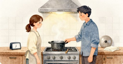 Wooden Spoon Across the Boiling Pot and a Timer’s Return