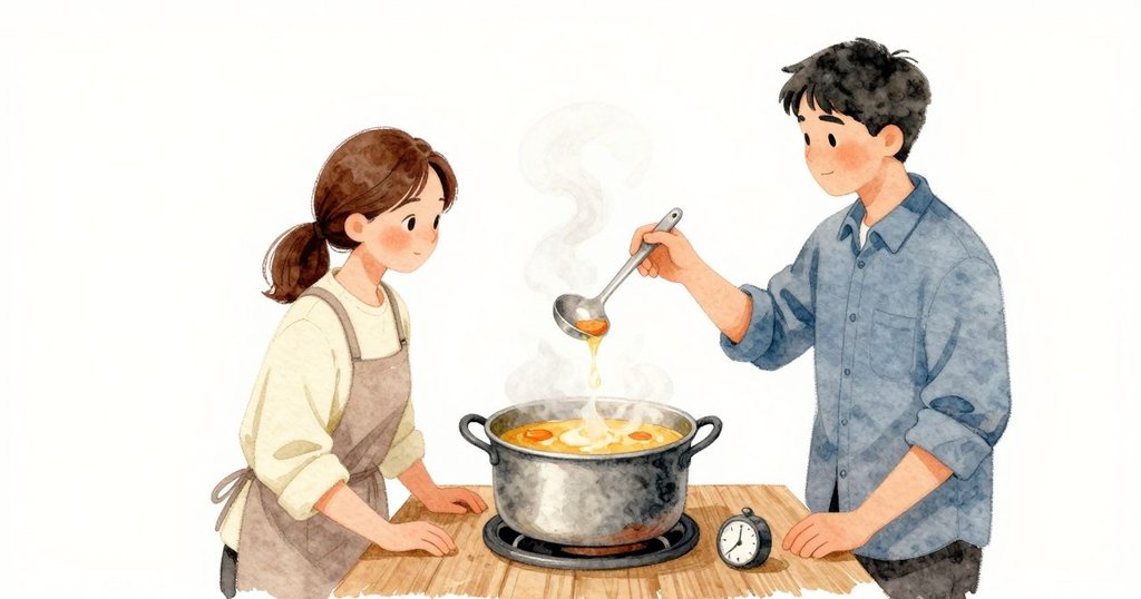 金黃更深的湯在胡蘿蔔圓片間流動,湯匙背上留著一條清晰薄膜;Hartley 把邊緣遞來讓我試嚐,我輕吸一口氣,讓柄安穩地靠在鍋緣。蒸氣在人工光下直直升起,一支乾燥的湯匙橫跨鍋口把泡沫壓在下方;先前沒有的滴答,如今在小計時器上持續行進,而鍋上那層淡薄的霧面也穩穩地維持著。