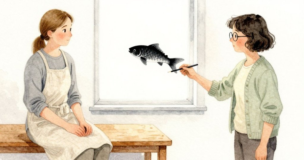 Astrid 把魚的尾巴轉向明亮的紙門角落，寬刷從頭到尾平穩拖過，鱗片均勻吃墨成一片黑。她在背鰭輕點，亮亮的一滴滑進工作臺細槽消失；Janet 在對面靜靜觀看。