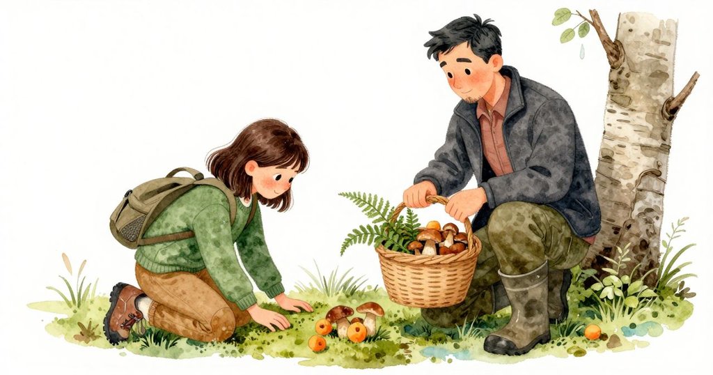 Oona 跪下，手掌貼在苔蘚上，膝部布料被濕涼印深一色。Warren 以膝托住編籃，蕨葉墊著杏色雞油菇，讓圓潤的牛肝菌不被擠壓。山毛櫸幹傳來木啄鳥乾脆的敲擊聲，葉滴更柔，陰影處的空氣冷涼沉著。