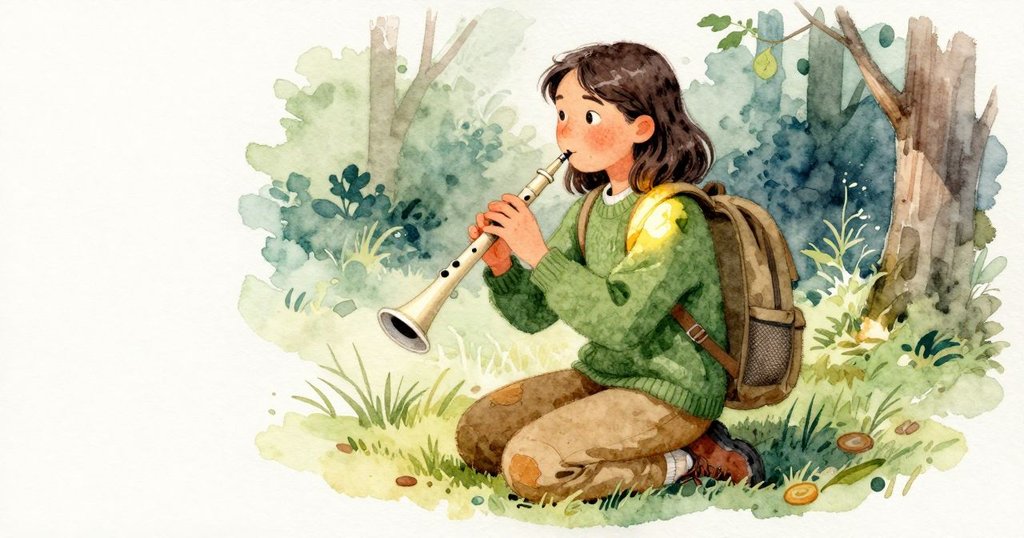 Oona 把已乾爽的直笛滑入背包側邊網袋，塑膠在手腕旁帶著清涼；樹冠的亮縫像高窗灑下一枚暖光在她肩上。她再次取出直笛含於唇，送出單純的一行聲，林中的敲擊聲以連串節奏回應，音符沿著涼意向那片葉間亮處攀升。